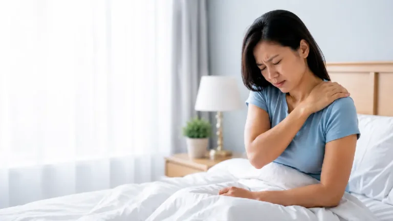 Wanita duduk di tempat tidur sambil memegang bahu yang terasa sakit setelah bangun tidu