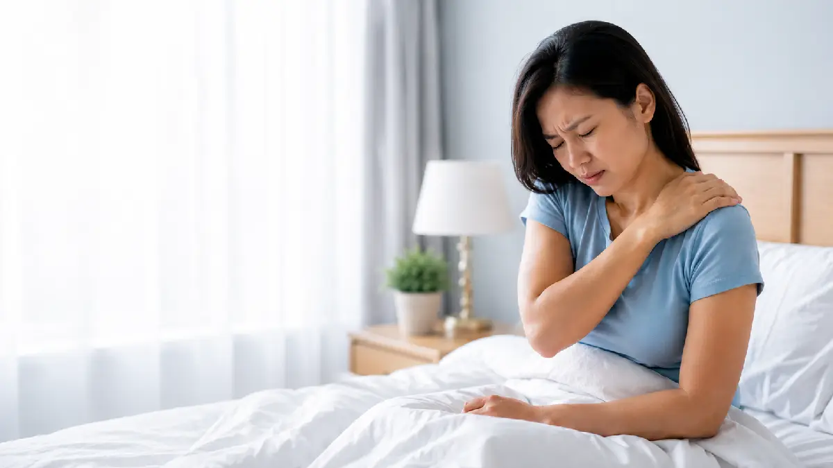 Wanita duduk di tempat tidur sambil memegang bahu yang terasa sakit setelah bangun tidu