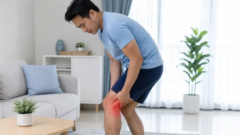Pria memegang bagian belakang lutut yang terasa sakit saat kaki ditekuk