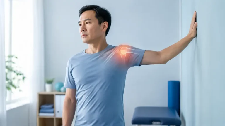 Pria melakukan gerakan frozen shoulder dengan tangan bertumpu pada dinding