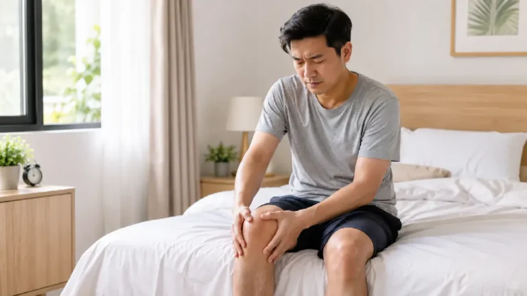 Pria duduk di tepi tempat tidur sambil memegang lutut yang terasa sakit setelah bangun tidur