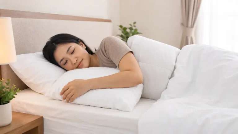 Wanita tidur miring sambil menopang lengan dan bahu dengan bantal