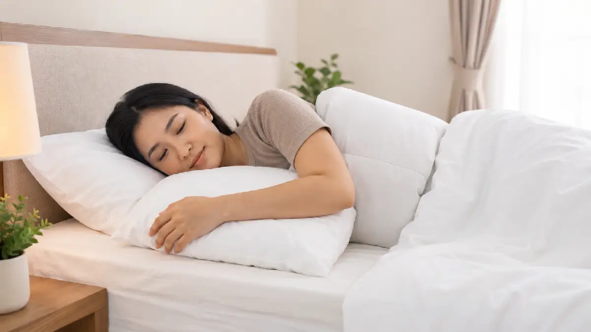 Wanita tidur miring sambil menopang lengan dan bahu dengan bantal