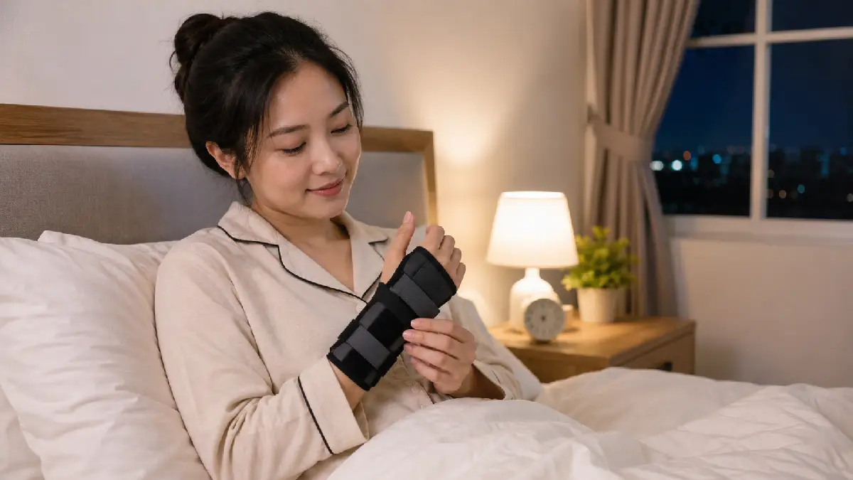 Wanita mengenakan wrist splint sebelum tidur di kamar