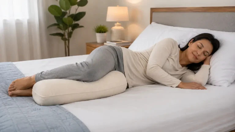Wanita tidur miring dengan guling di antara kaki untuk menopang lutut