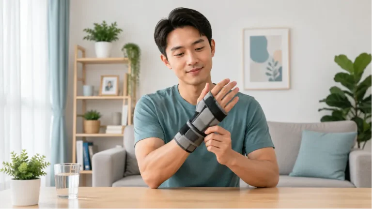 Pria memakai wrist splint untuk menyangga pergelangan tangan di rumah